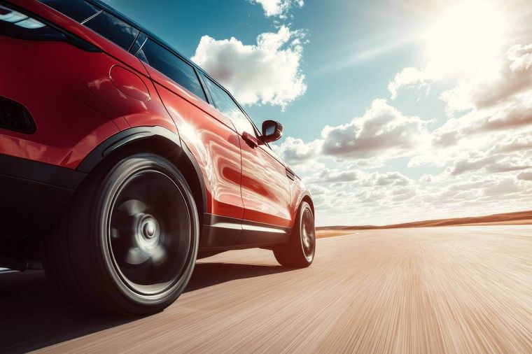 Auto rossa in movimento su una strada asfaltata con cielo soleggiato e nuvole sullo sfondo
