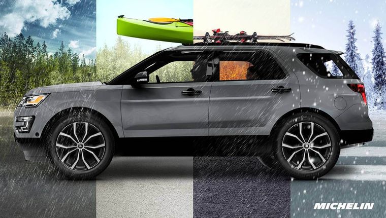 Immagine Michelin che mostra un SUV attraverso le quattro stagioni—primavera, estate, autunno e inverno—per evidenziare le prestazioni dei pneumatici tutto l’anno