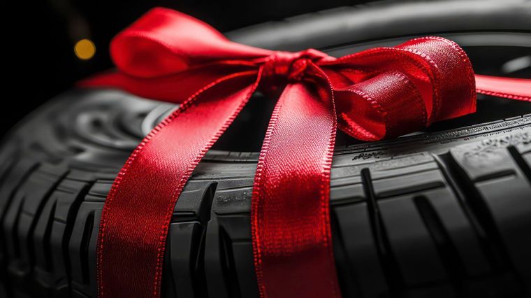 Primo piano di uno pneumatico avvolto con un nastro regalo rosso lucido, a simboleggiare uno pneumatico come regalo