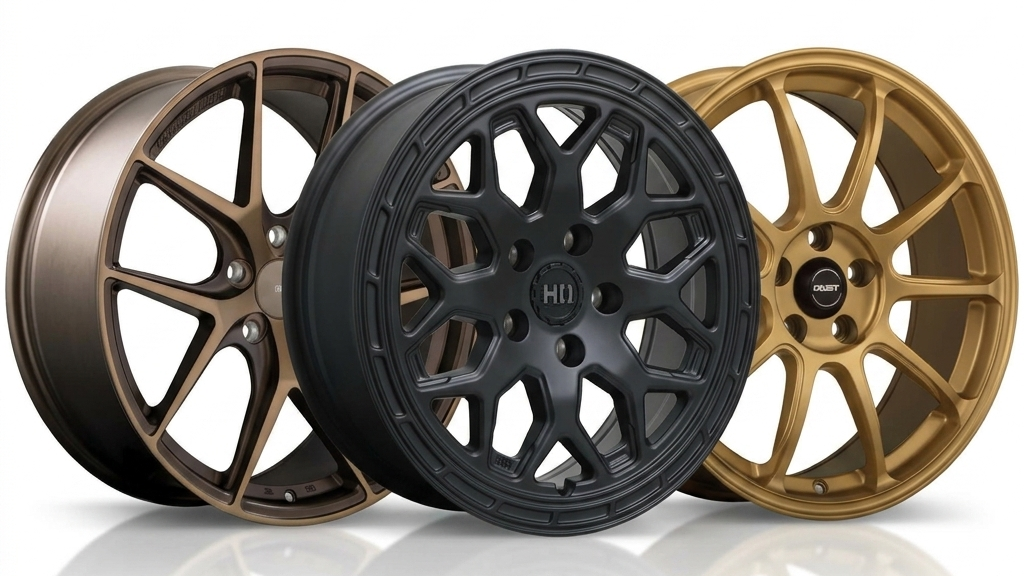 Trending bronze, black, and gold car wheels featuring a sleek multi-spoke design, displayed on a clean background