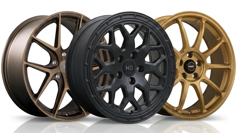 Trending bronze, black, and gold car wheels featuring a sleek multi-spoke design, displayed on a clean background