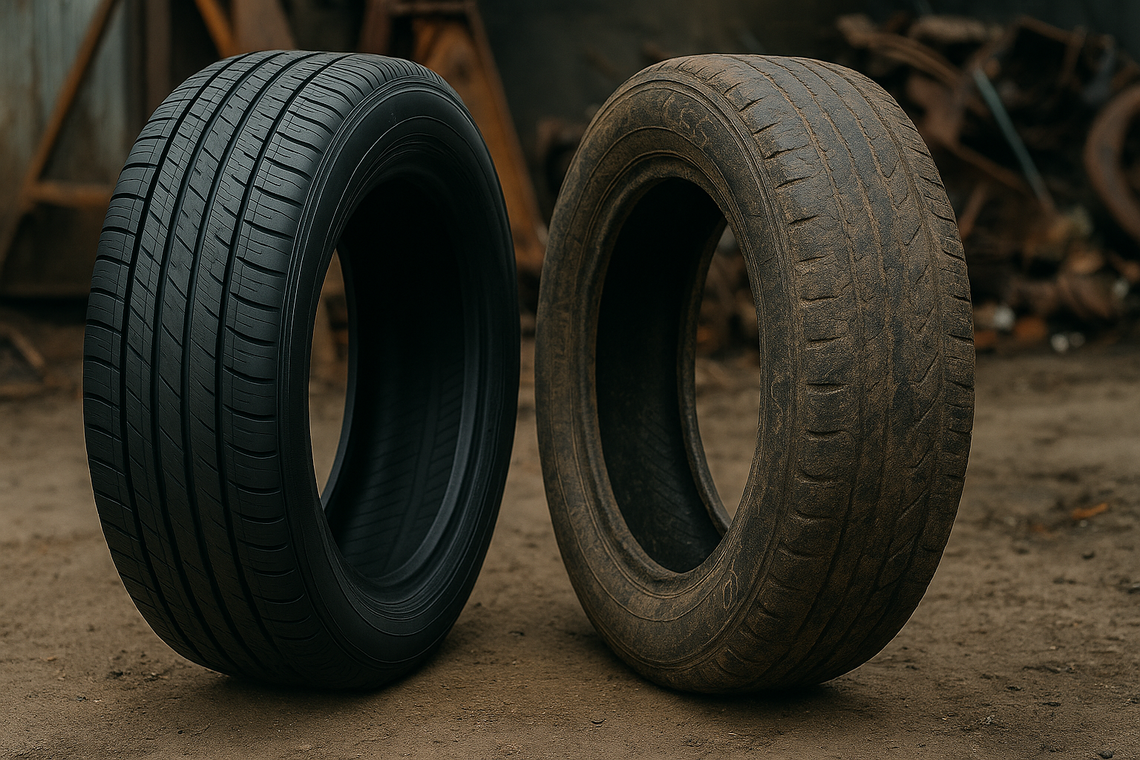 pneu neuf et pneu usagé côte a côte